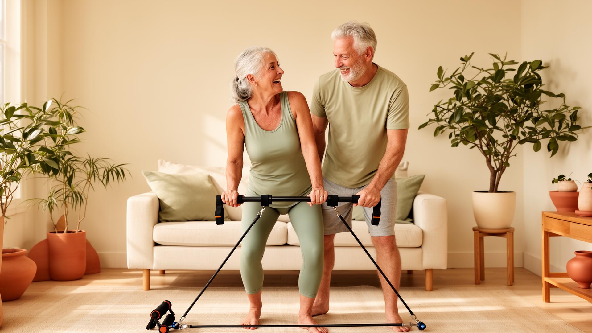 A couple in their 50s working out together at home with the Pilates Bar Kit