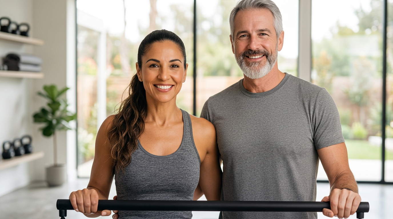 Active couple in their 40s training at home with a mobility bar in a bright modern living space
